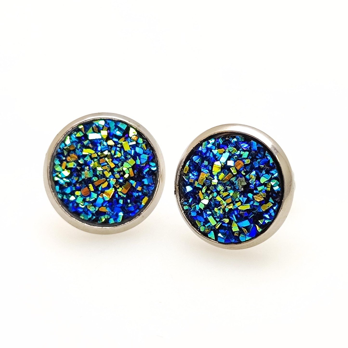 Stainless Steel Druzy Stud Earrings, Hypoallergenic, 12mm