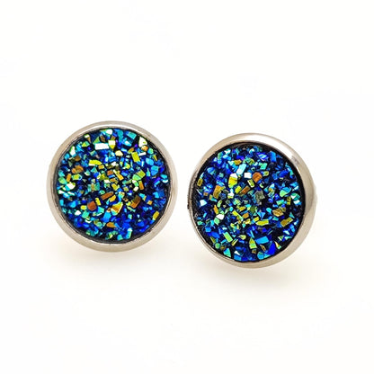 Stainless Steel Druzy Stud Earrings, Hypoallergenic, 12mm