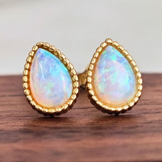 14K Gold Plated Sterling Silver Opal Droplet Stud Earrings Tiny Opal Teardrop Gold Plated Earrings Dotted Rim Opal Earrings