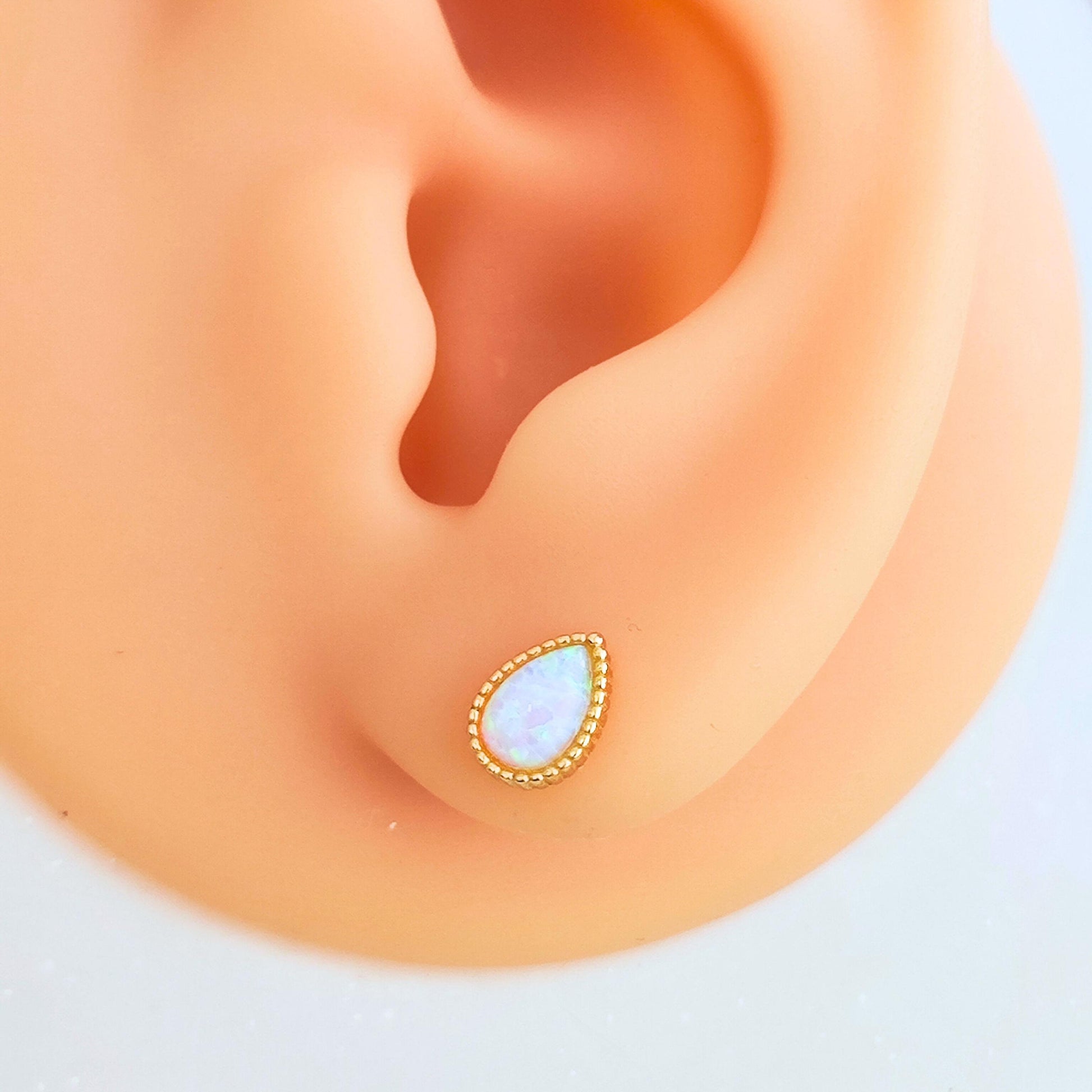 14K Gold Plated Sterling Silver Opal Droplet Stud Earrings Tiny Opal Teardrop Gold Plated Earrings Dotted Rim Opal Earrings