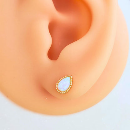 14K Gold Plated Sterling Silver Opal Droplet Stud Earrings Tiny Opal Teardrop Gold Plated Earrings Dotted Rim Opal Earrings