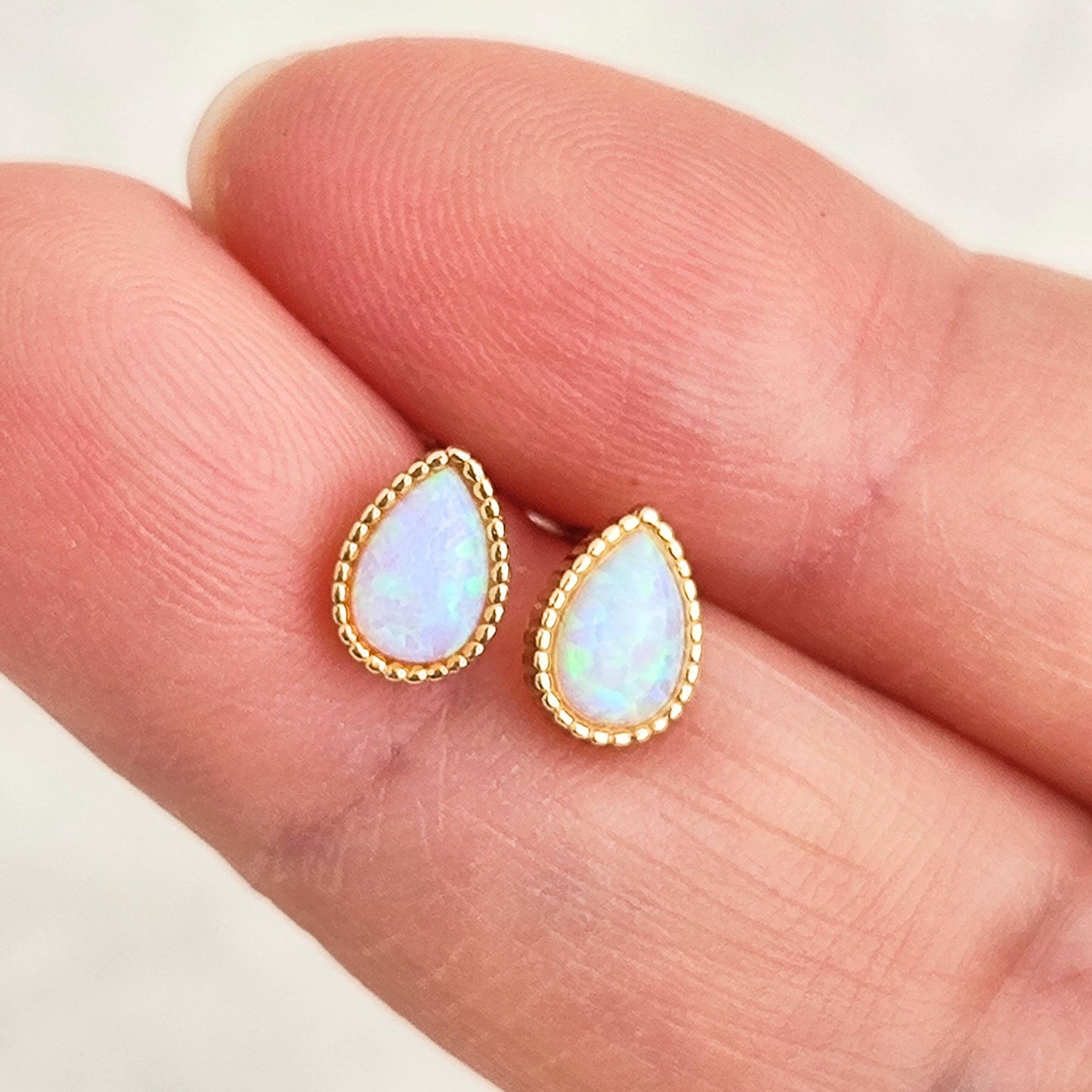 14K Gold Plated Sterling Silver Opal Droplet Stud Earrings Tiny Opal Teardrop Gold Plated Earrings Dotted Rim Opal Earrings