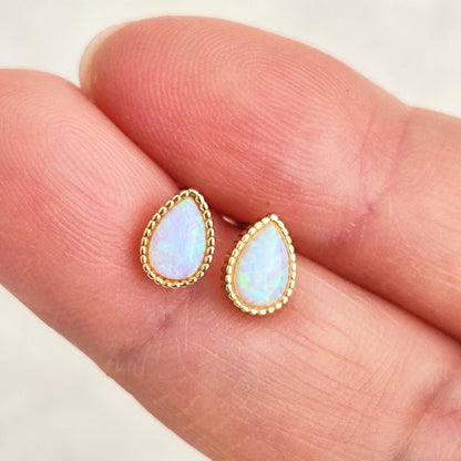 14K Gold Plated Sterling Silver Opal Droplet Stud Earrings Tiny Opal Teardrop Gold Plated Earrings Dotted Rim Opal Earrings