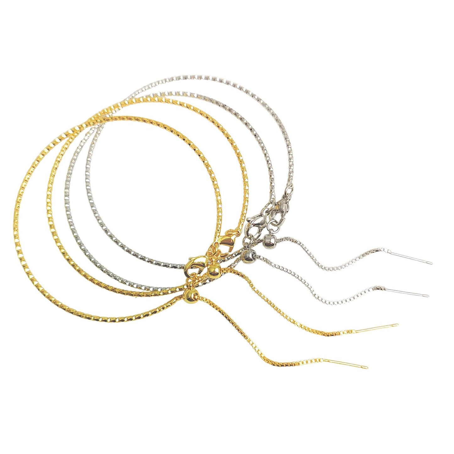 Adjustable Brass Glitter Mark Box Chain Bracelet with Pin End for Adding Beads, Wholesale Slider Clasp Dainty Blank Bangle Jewelry Supplies