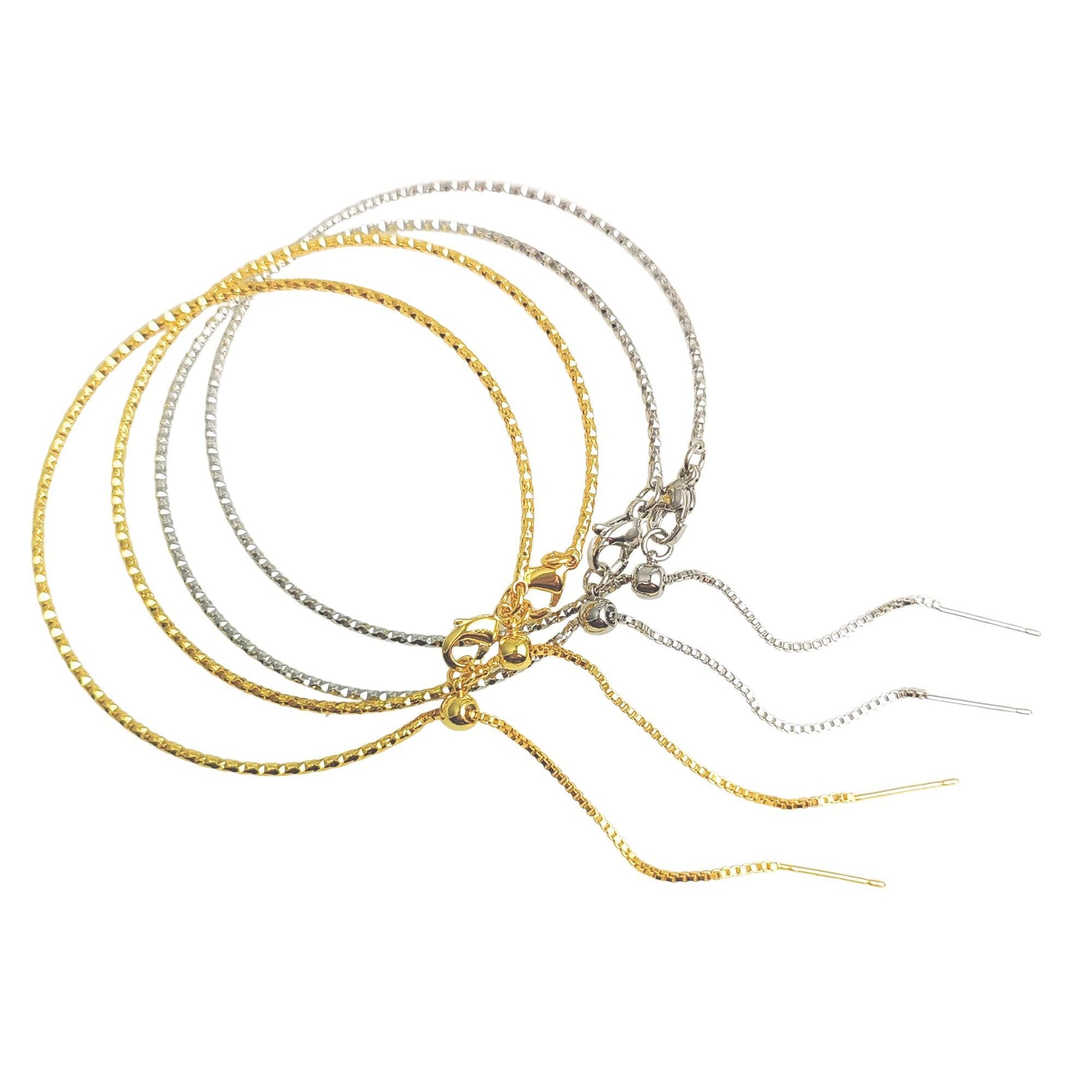 Adjustable Brass Glitter Mark Box Chain Bracelet with Pin End for Adding Beads, Wholesale Slider Clasp Dainty Blank Bangle Jewelry Supplies
