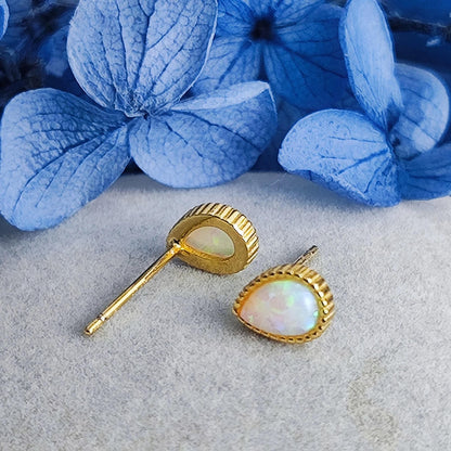 14K Gold Plated Sterling Silver Opal Droplet Stud Earrings Tiny Opal Teardrop Gold Plated Earrings Dotted Rim Opal Earrings