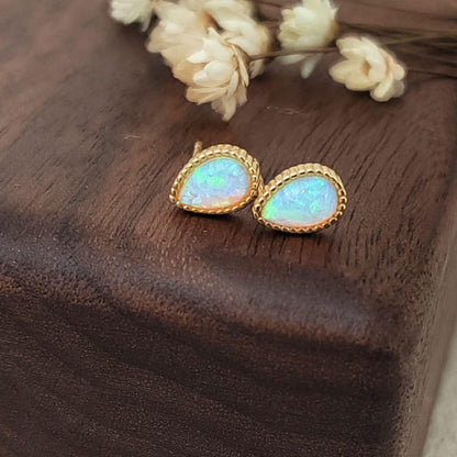 14K Gold Plated Sterling Silver Opal Droplet Stud Earrings Tiny Opal Teardrop Gold Plated Earrings Dotted Rim Opal Earrings