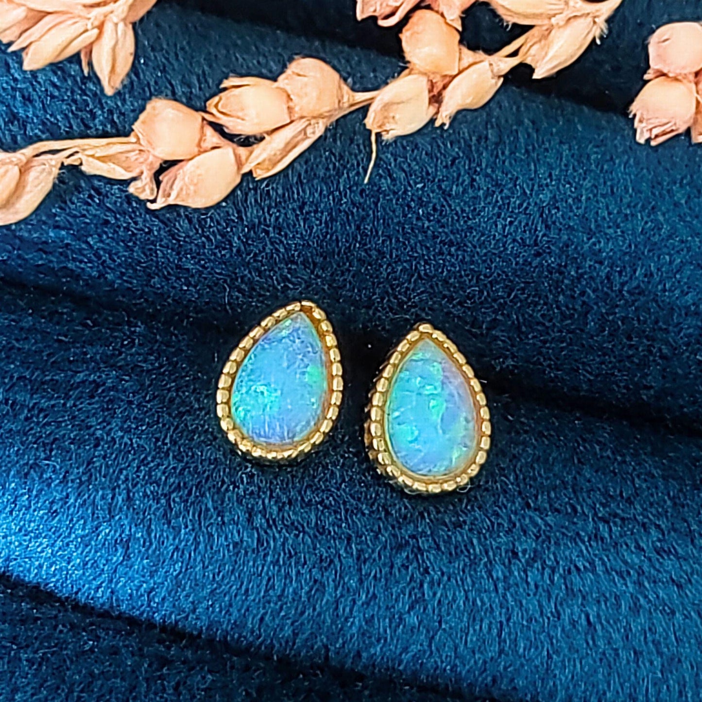 14K Gold Plated Sterling Silver Opal Droplet Stud Earrings Tiny Opal Teardrop Gold Plated Earrings Dotted Rim Opal Earrings