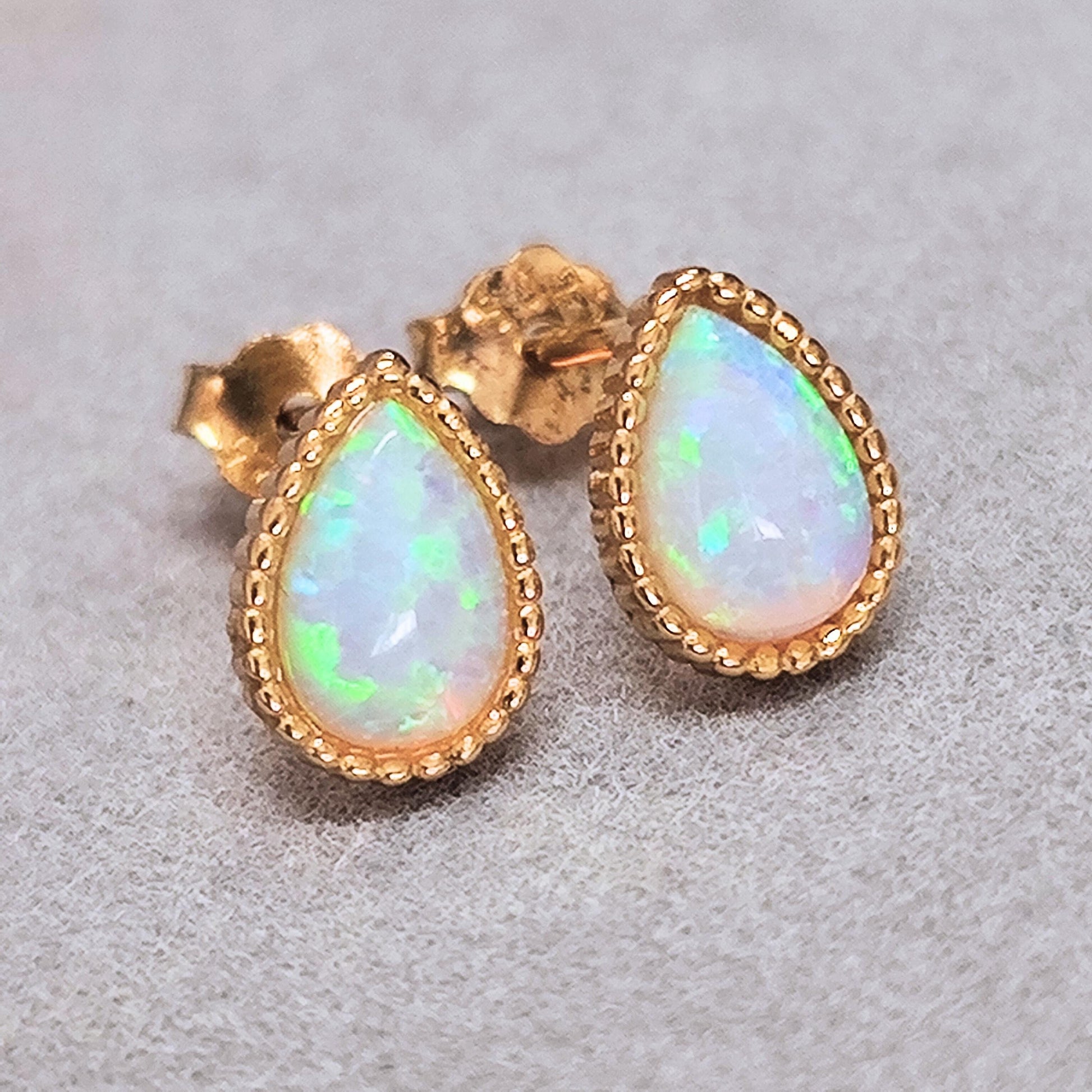 14K Gold Plated Sterling Silver Opal Droplet Stud Earrings Tiny Opal Teardrop Gold Plated Earrings Dotted Rim Opal Earrings
