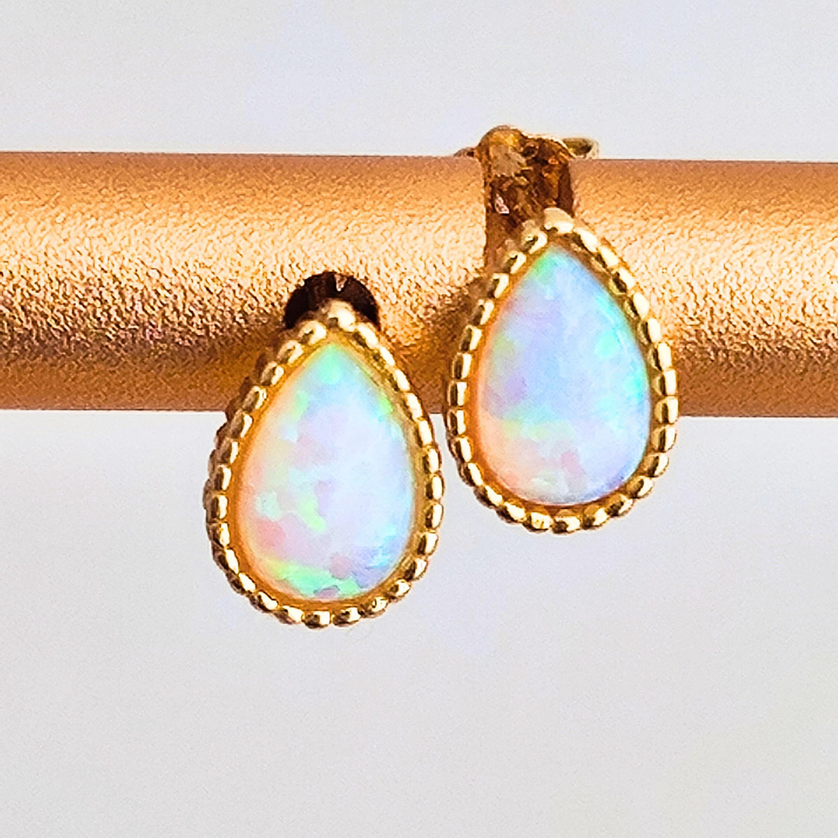 14K Gold Plated Sterling Silver Opal Droplet Stud Earrings Tiny Opal Teardrop Gold Plated Earrings Dotted Rim Opal Earrings