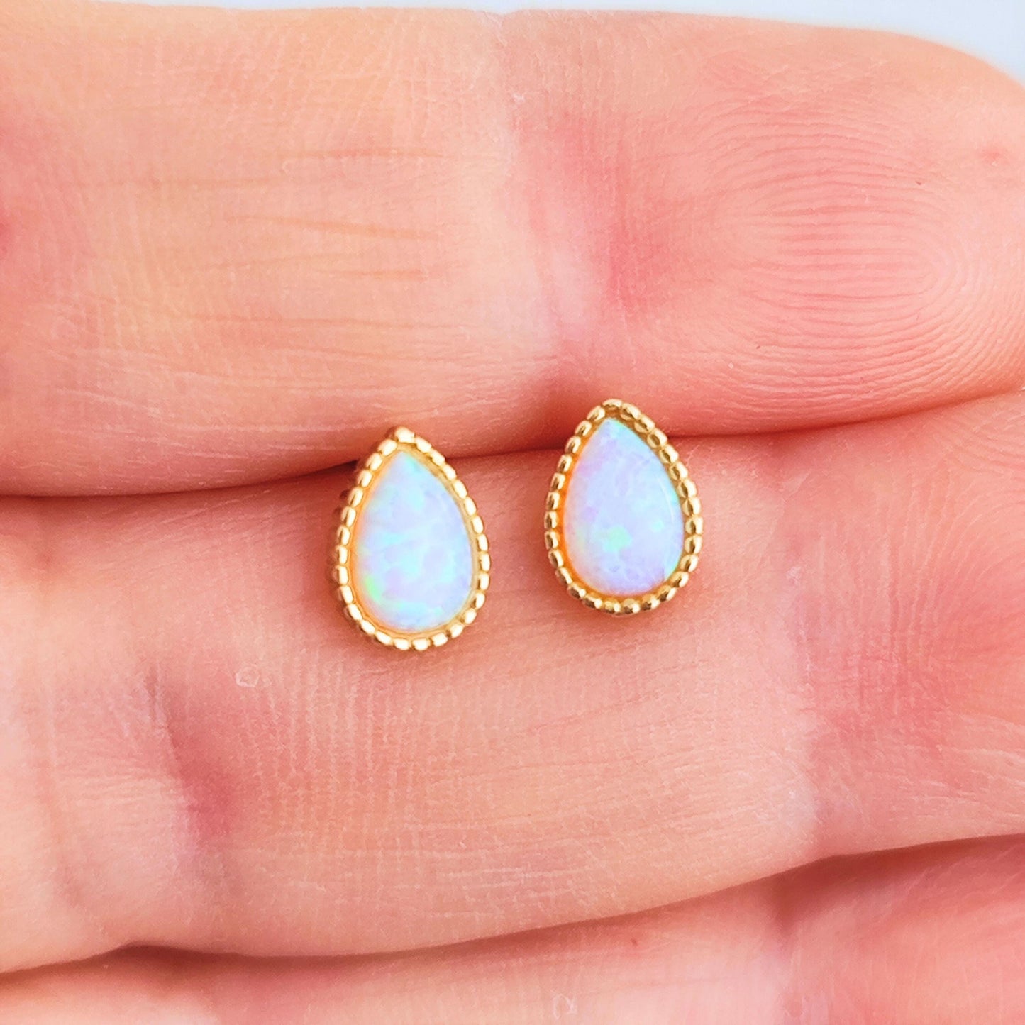 14K Gold Plated Sterling Silver Opal Droplet Stud Earrings Tiny Opal Teardrop Gold Plated Earrings Dotted Rim Opal Earrings