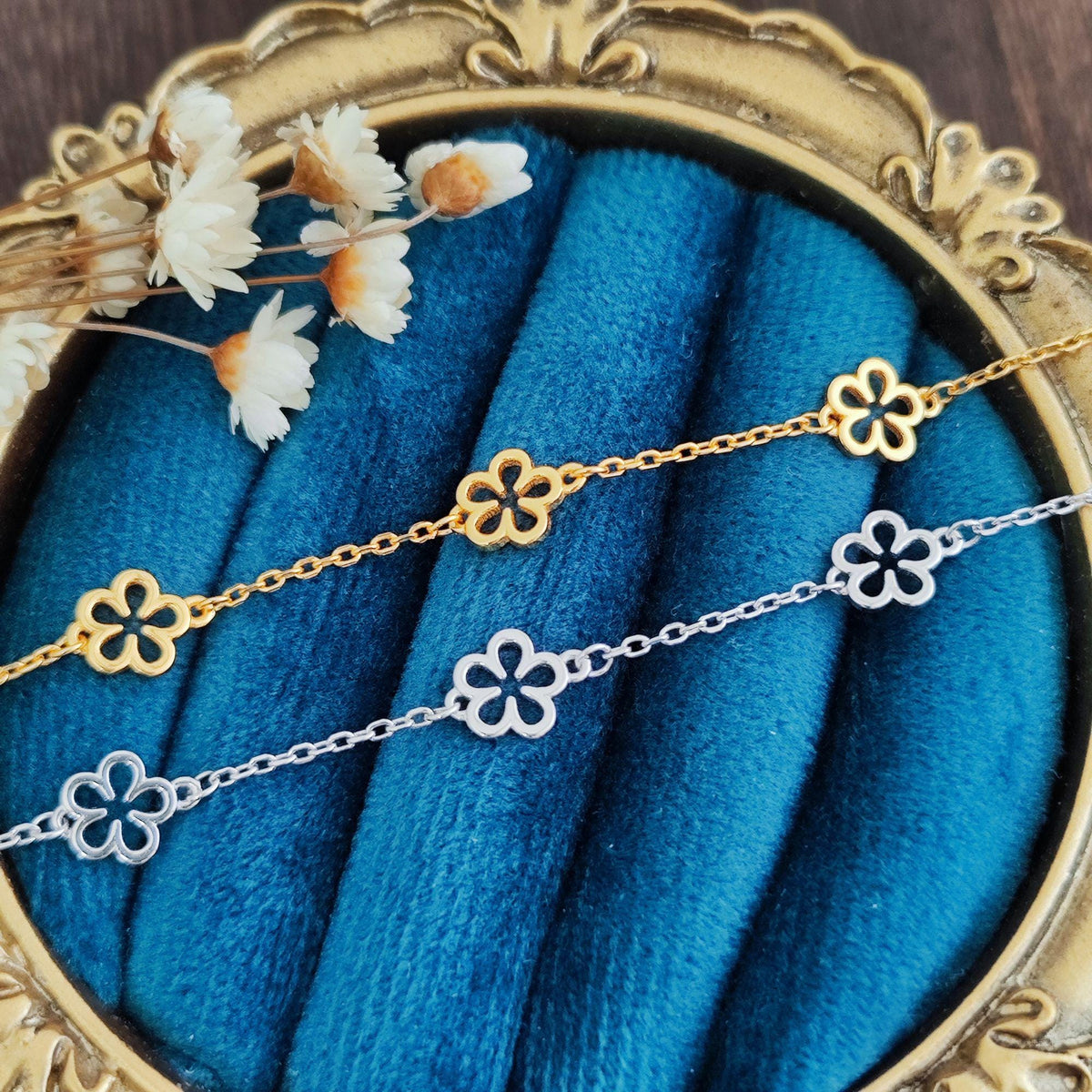 Delicate Filigree Blossom Daisy Flower Sterling Silver Chain Bracelet Gift for Her