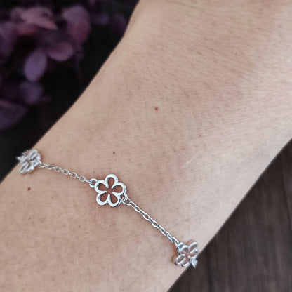 Delicate Filigree Blossom Daisy Flower Sterling Silver Chain Bracelet Gift for Her