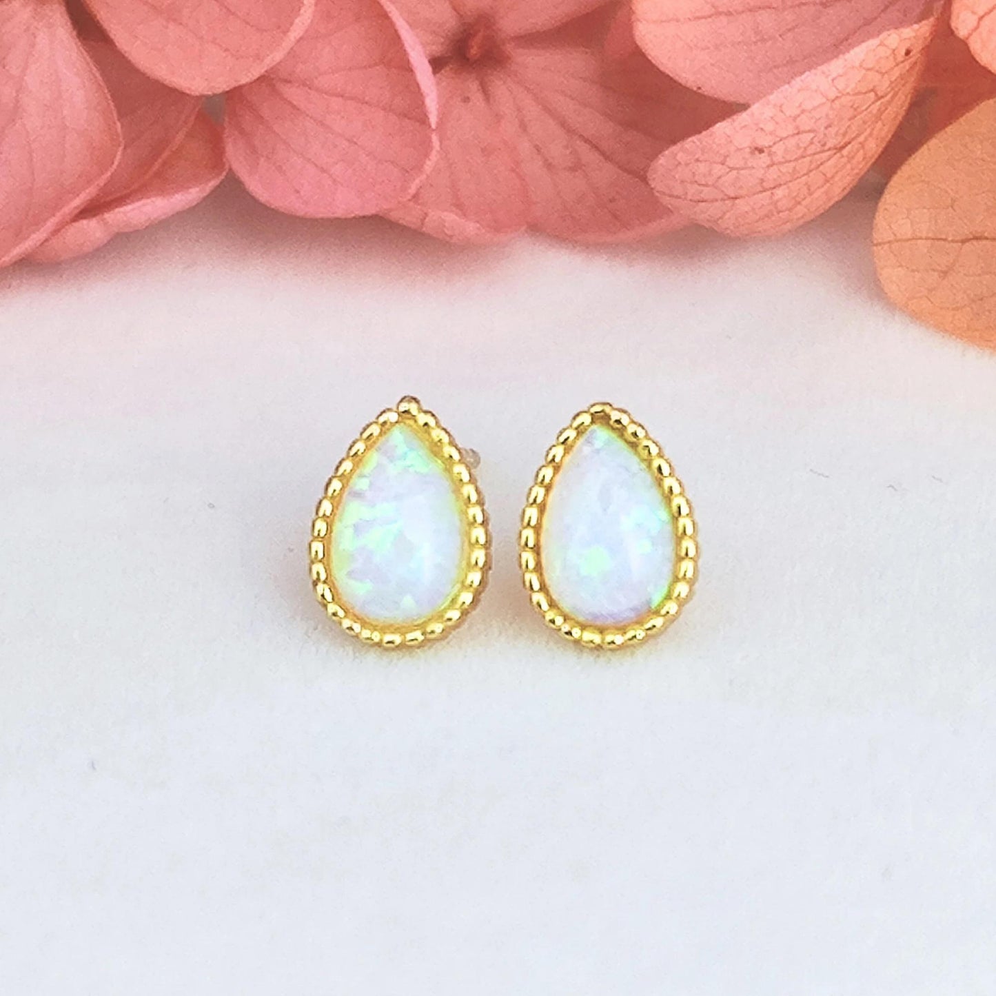 14K Gold Plated Sterling Silver Opal Droplet Stud Earrings Tiny Opal Teardrop Gold Plated Earrings Dotted Rim Opal Earrings