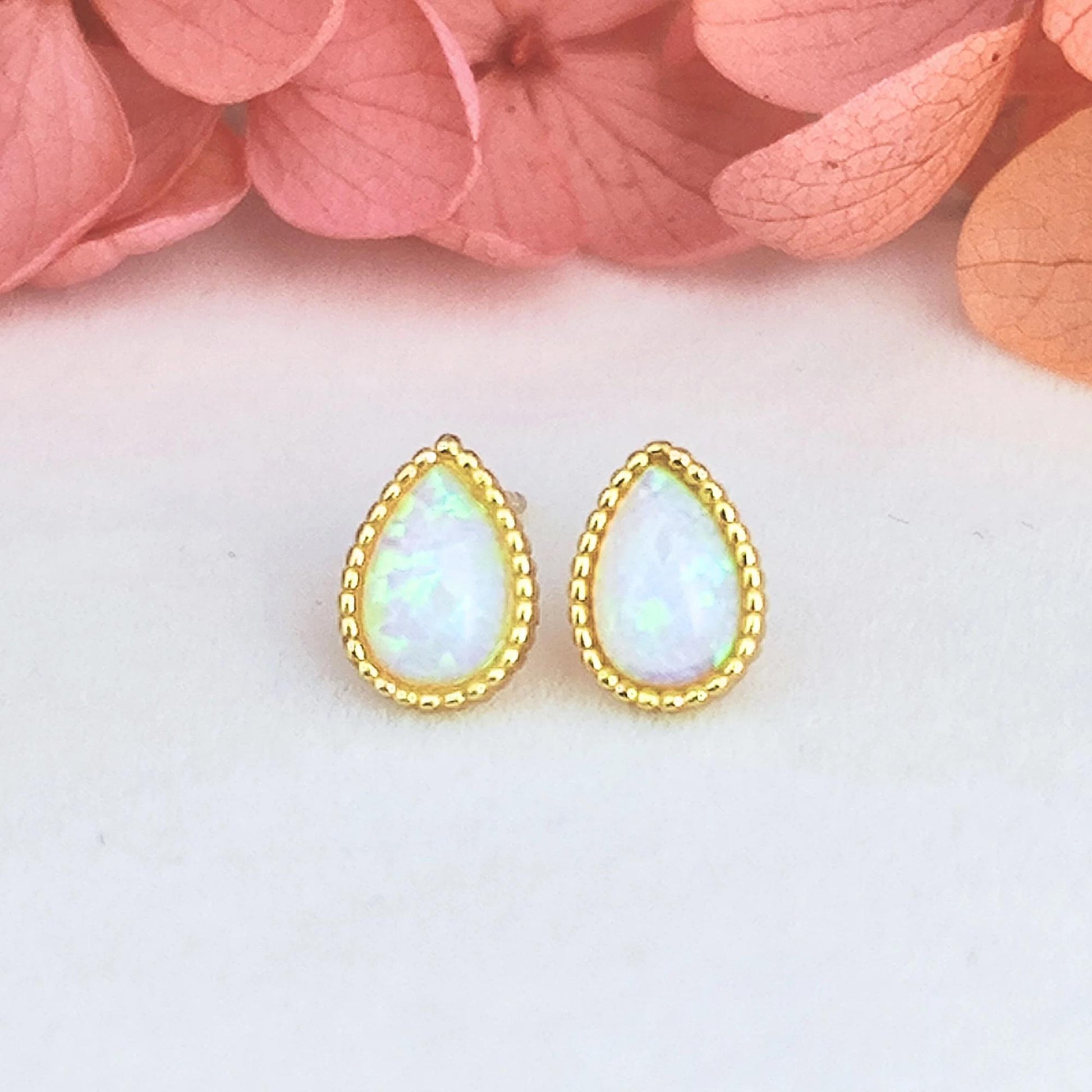 14K Gold Plated Sterling Silver Opal Droplet Stud Earrings Tiny Opal Teardrop Gold Plated Earrings Dotted Rim Opal Earrings