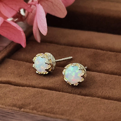 14K Gold Plated Sterling Silver Opal Round Stud Earrings Crown Rim Setting Gold Plated Opal Earrings