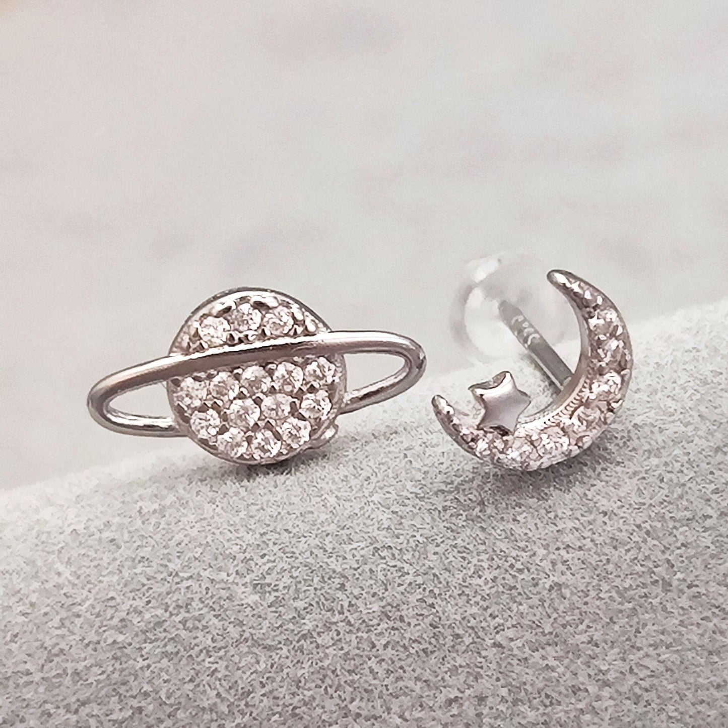 925 Sterling Silver Saturn Moon Stud Earrings Synthetic Glass Crystal Stud Earrings Asymmetric Universe Stud Earrings Minimalist Earrings