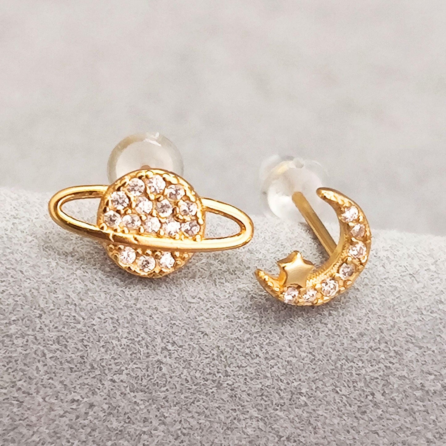 925 Sterling Silver Saturn Moon Stud Earrings Synthetic Glass Crystal Stud Earrings Asymmetric Universe Stud Earrings Minimalist Earrings