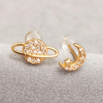 925 Sterling Silver Saturn Moon Stud Earrings Synthetic Glass Crystal Stud Earrings Asymmetric Universe Stud Earrings Minimalist Earrings