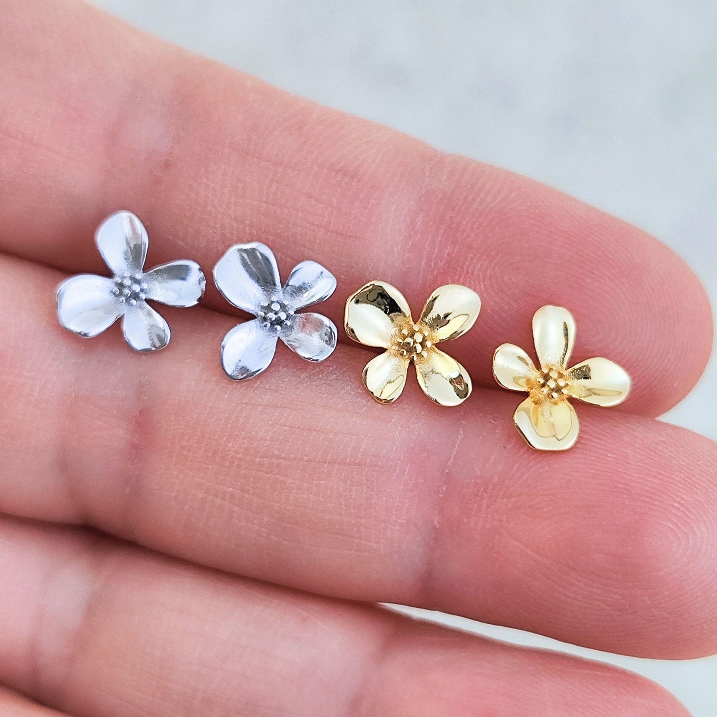 925 Sterling Silver 4 Petals Flower Stud Earrings Floral Blossom Flower Stud Earrings Natural Inspired Stud Earrings Minimalist Earrings