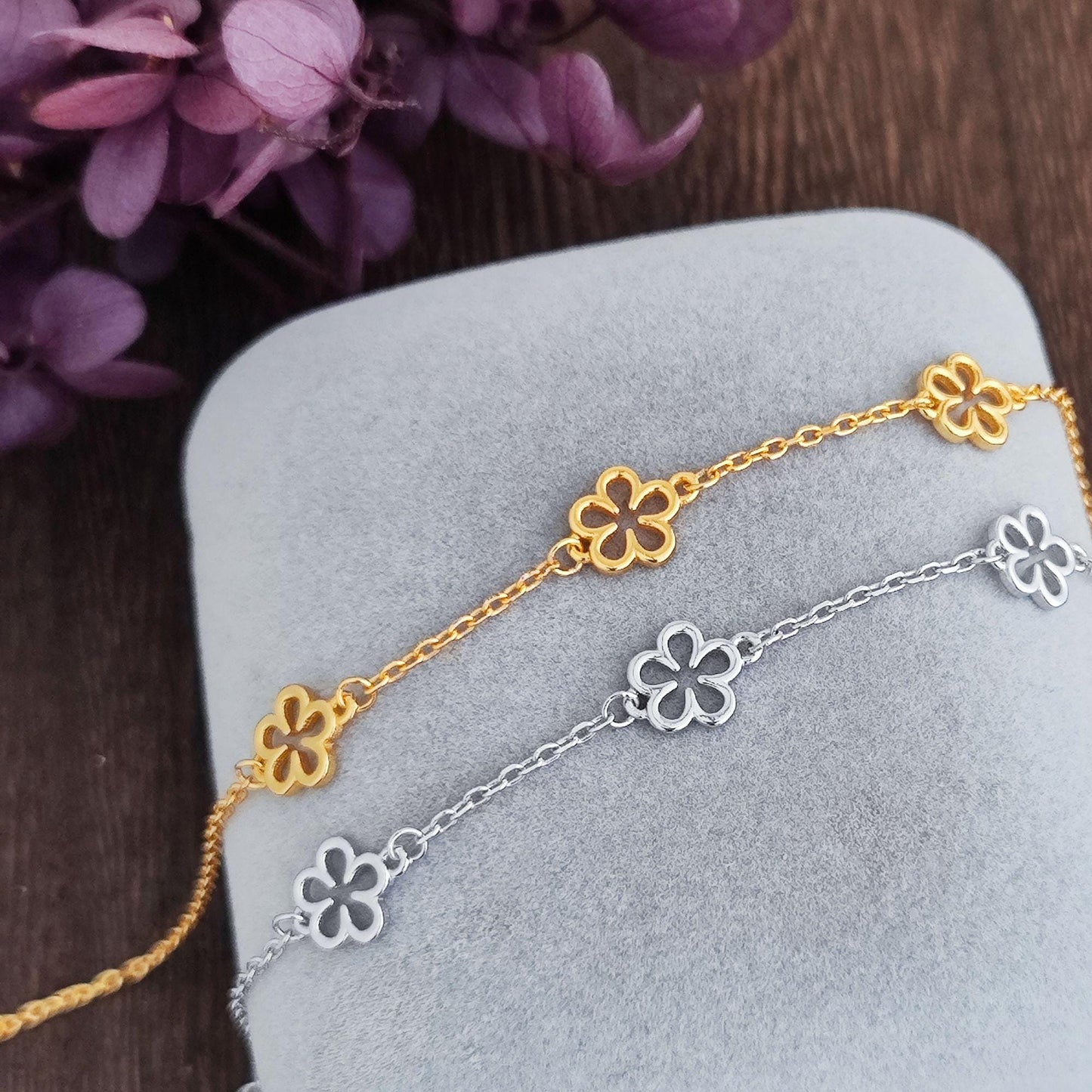 Delicate Filigree Blossom Daisy Flower Sterling Silver Chain Bracelet Gift for Her