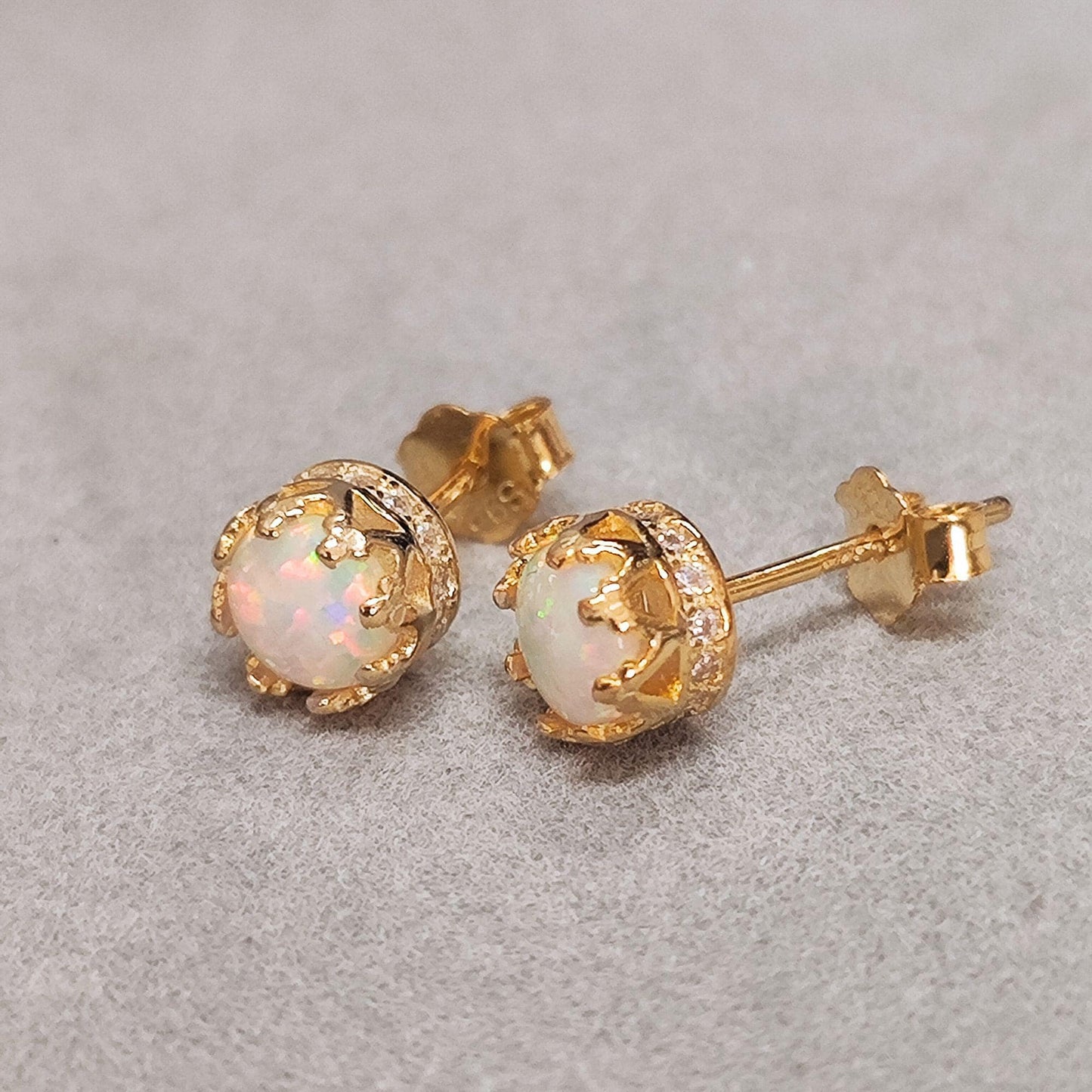 14K Gold Plated Sterling Silver Opal Round Stud Earrings Crown Rim Setting Gold Plated Opal Earrings