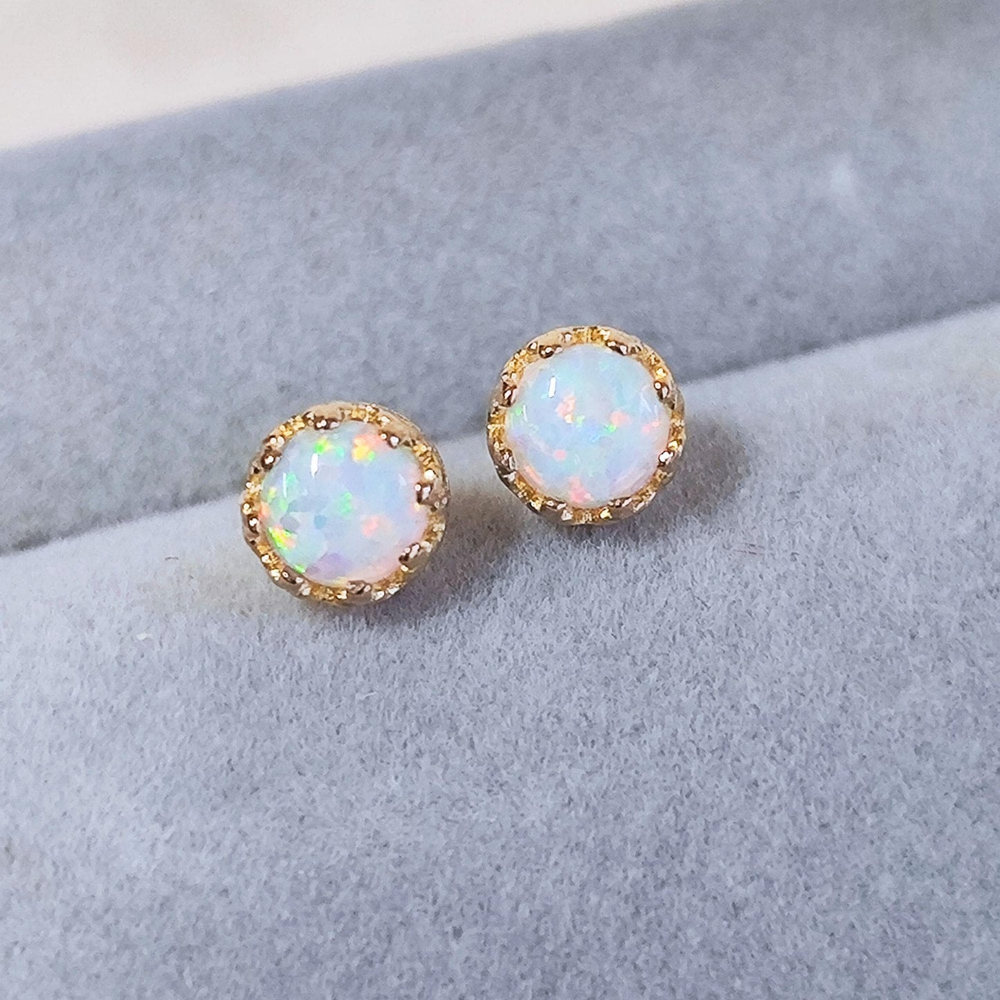14K Gold Plated Sterling Silver Opal Round Stud Earrings Crown Rim Setting Gold Plated Opal Earrings