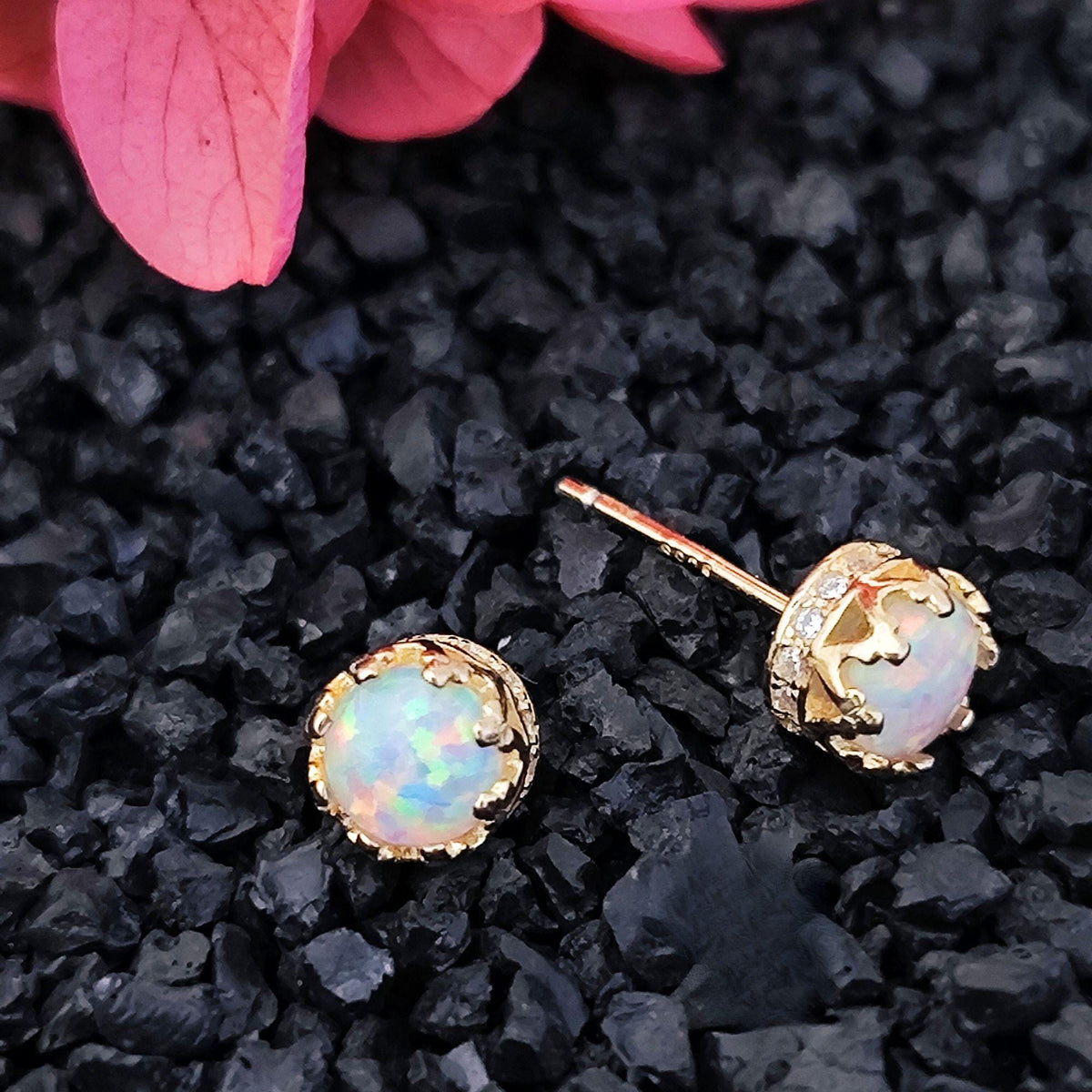 14K Gold Plated Sterling Silver Opal Round Stud Earrings Crown Rim Setting Gold Plated Opal Earrings