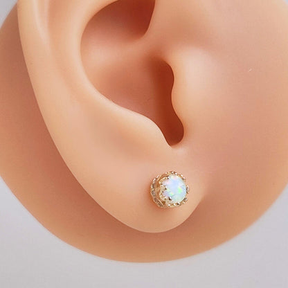 14K Gold Plated Sterling Silver Opal Round Stud Earrings Crown Rim Setting Gold Plated Opal Earrings