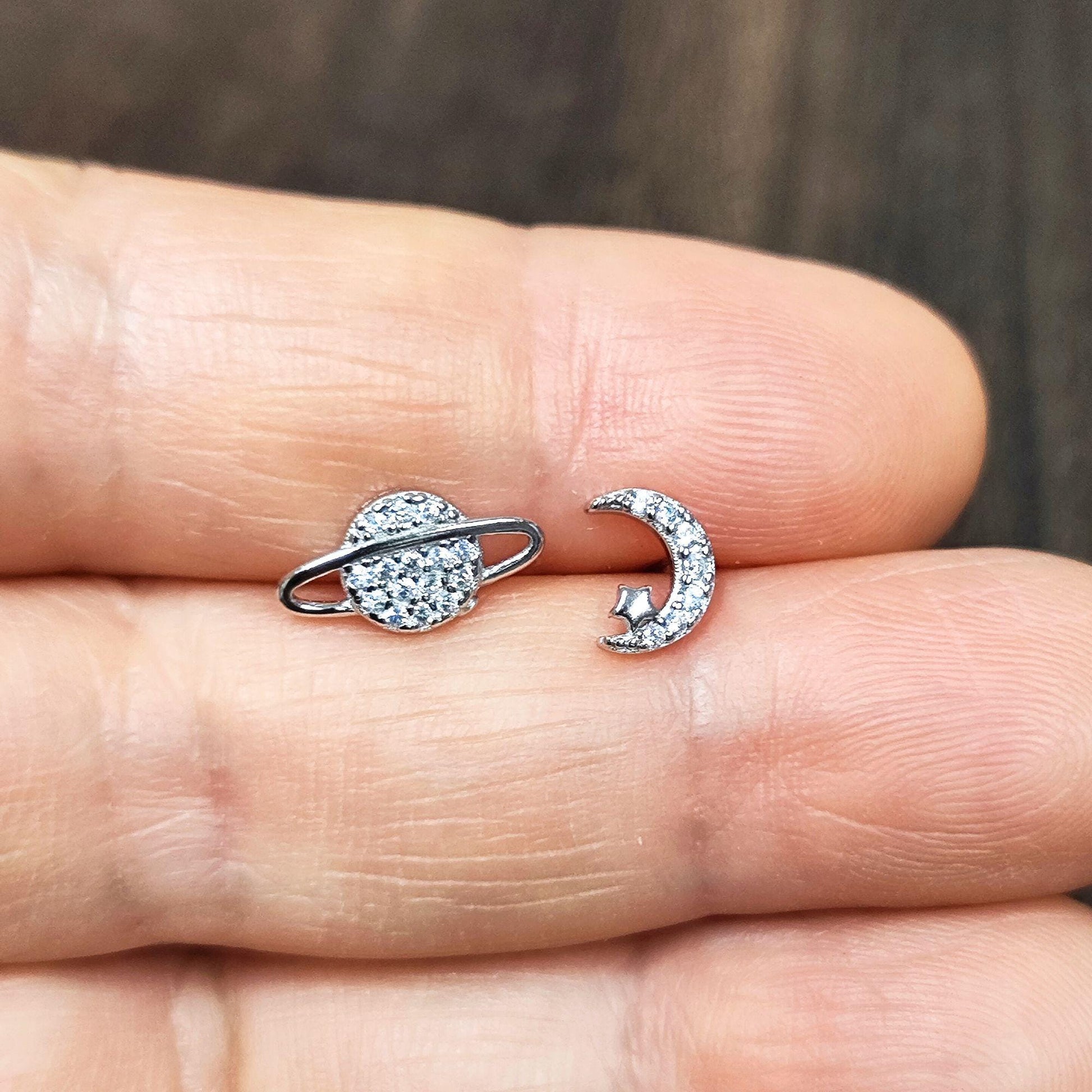 925 Sterling Silver Saturn Moon Stud Earrings Synthetic Glass Crystal Stud Earrings Asymmetric Universe Stud Earrings Minimalist Earrings