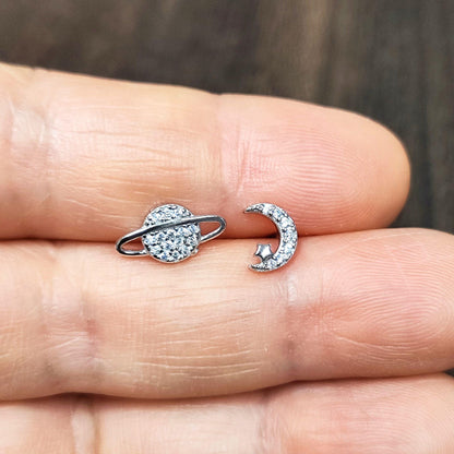 925 Sterling Silver Saturn Moon Stud Earrings Synthetic Glass Crystal Stud Earrings Asymmetric Universe Stud Earrings Minimalist Earrings