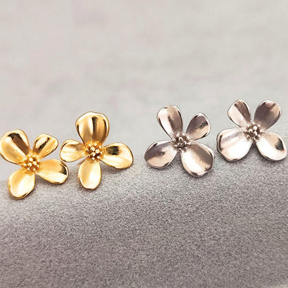925 Sterling Silver 4 Petals Flower Stud Earrings Floral Blossom Flower Stud Earrings Natural Inspired Stud Earrings Minimalist Earrings