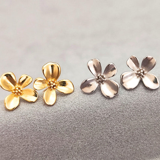 925 Sterling Silver 4 Petals Flower Stud Earrings Floral Blossom Flower Stud Earrings Natural Inspired Stud Earrings Minimalist Earrings