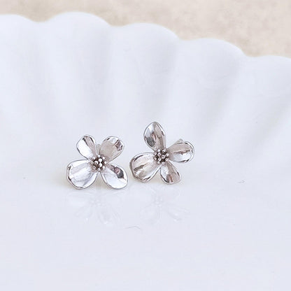 925 Sterling Silver 4 Petals Flower Stud Earrings Floral Blossom Flower Stud Earrings Natural Inspired Stud Earrings Minimalist Earrings