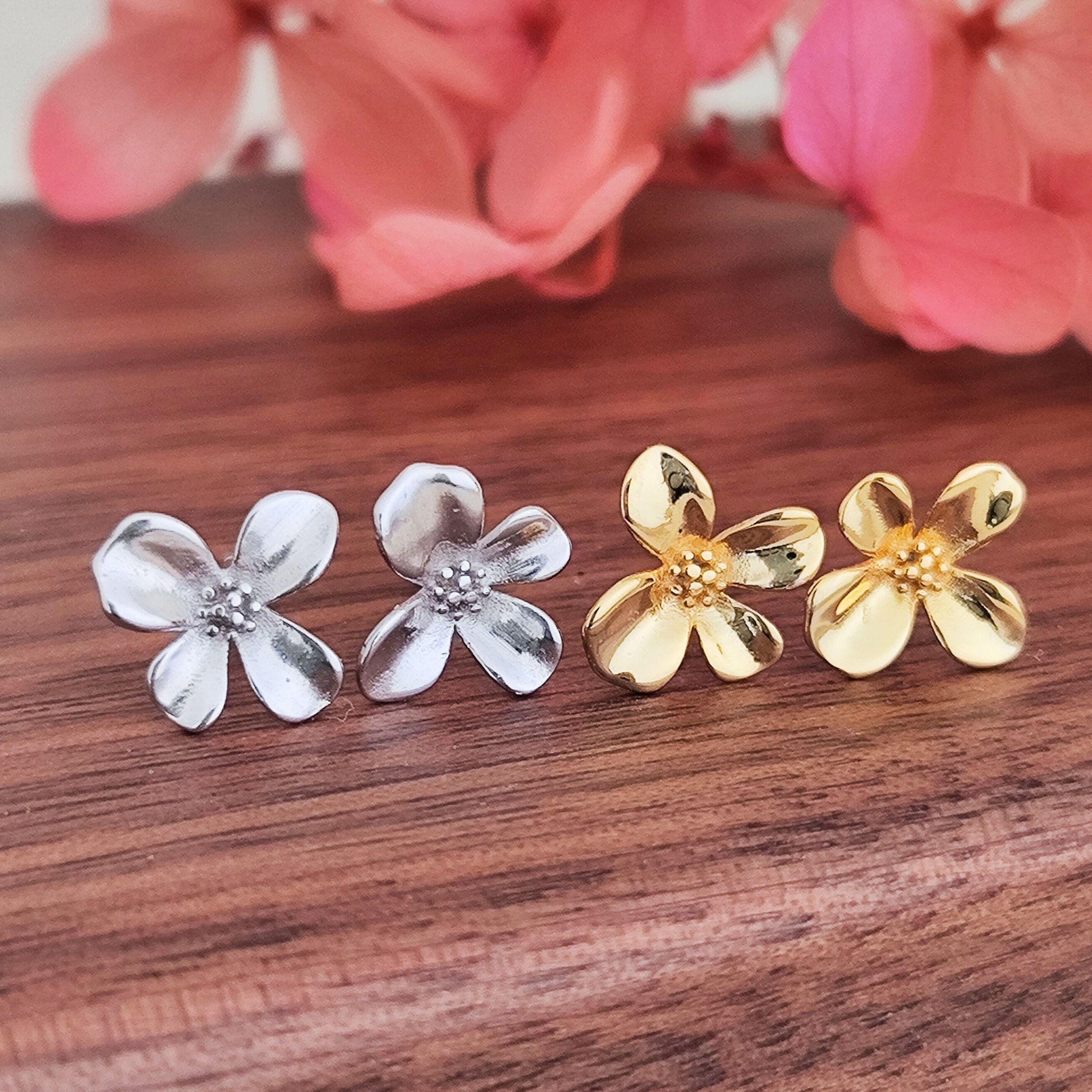 925 Sterling Silver 4 Petals Flower Stud Earrings Floral Blossom Flower Stud Earrings Natural Inspired Stud Earrings Minimalist Earrings