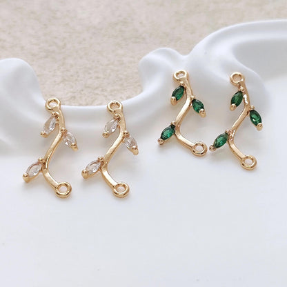 14K Gold Plated Brass Paved Cubic Zirconia Leave Branch Connector Charms for Earring Pendant Necklace Jewelry Findings Making