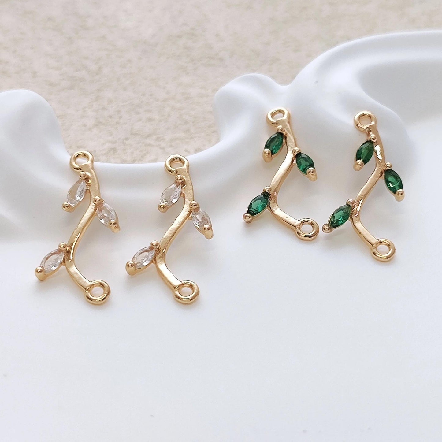 14K Gold Plated Brass Paved Cubic Zirconia Leave Branch Connector Charms for Earring Pendant Necklace Jewelry Findings Making