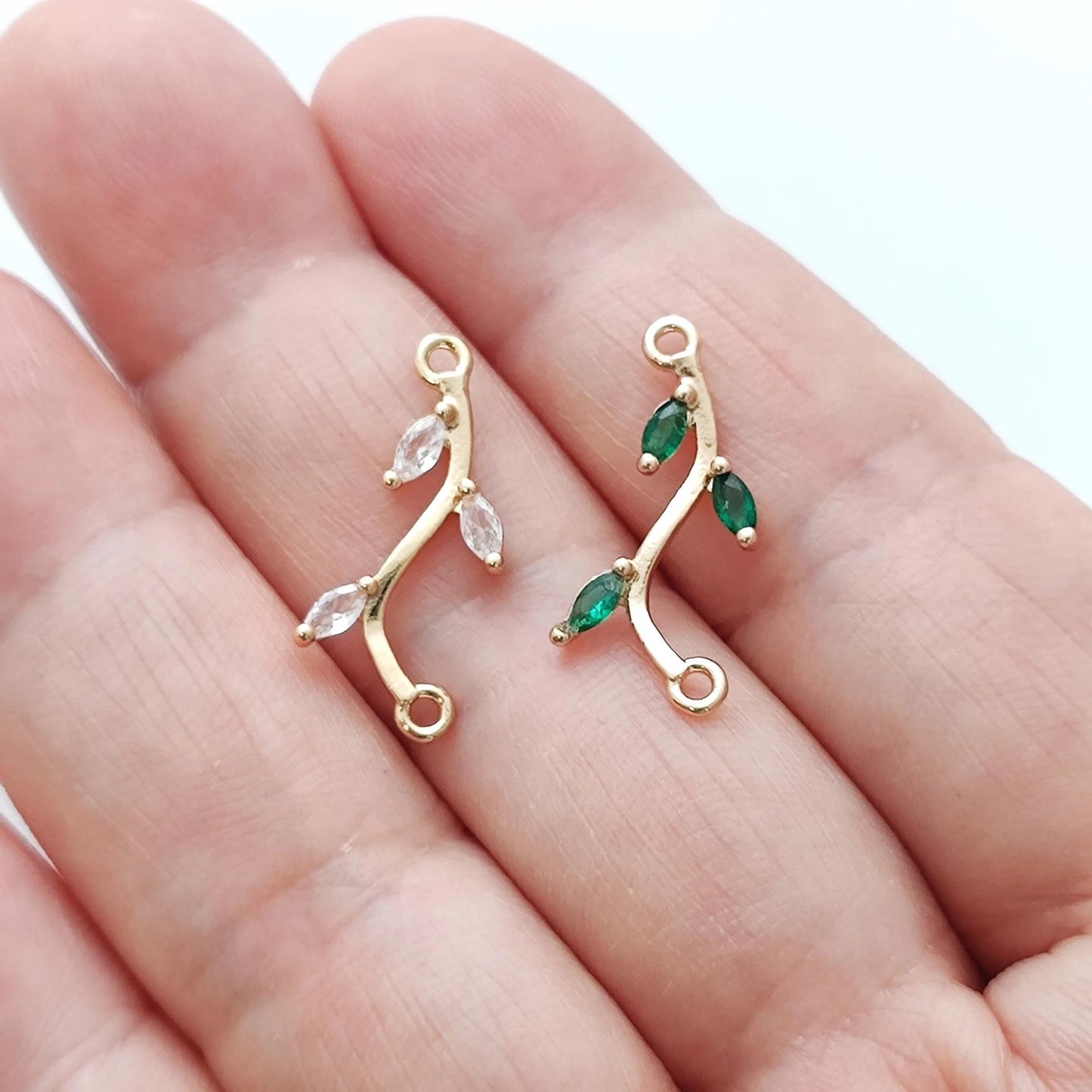 14K Gold Plated Brass Paved Cubic Zirconia Leave Branch Connector Charms for Earring Pendant Necklace Jewelry Findings Making