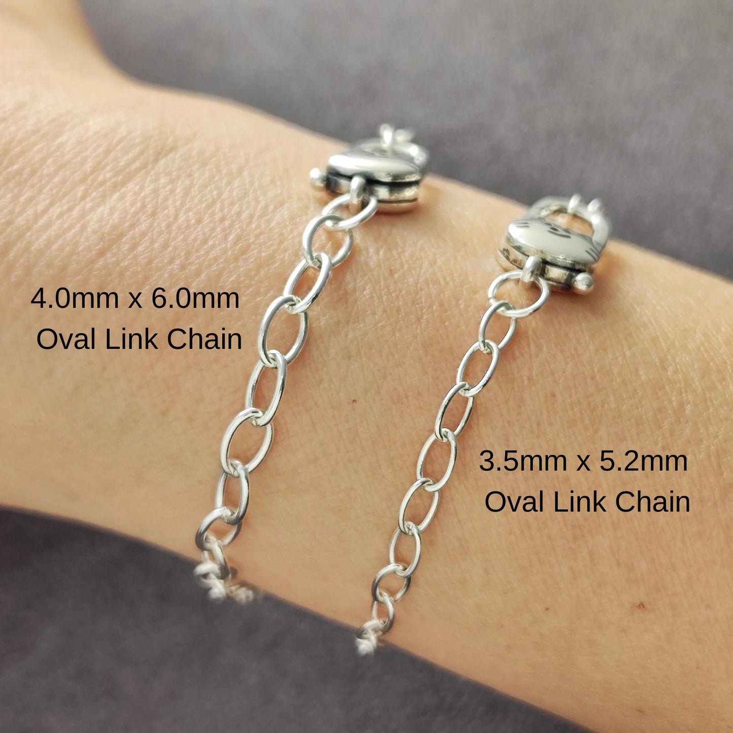 Sterling Silver Cute Cat Push in Spring Clasp Oval Chain Bracelet Lobster Lock Clasp Paperclip Clasp Bracelet Gift for Her 20 cm long