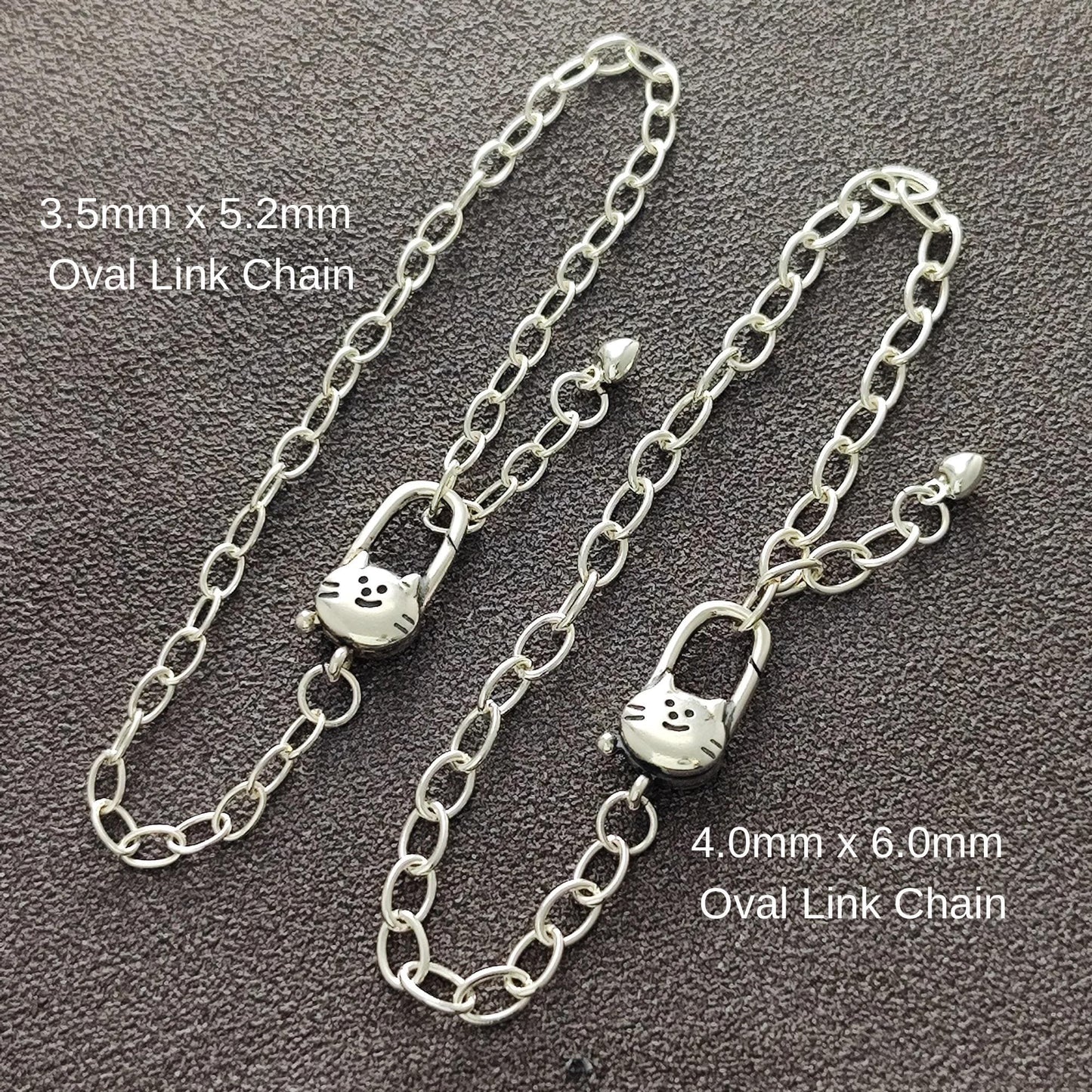 Sterling Silver Cute Cat Push in Spring Clasp Oval Chain Bracelet Lobster Lock Clasp Paperclip Clasp Bracelet Gift for Her 20 cm long