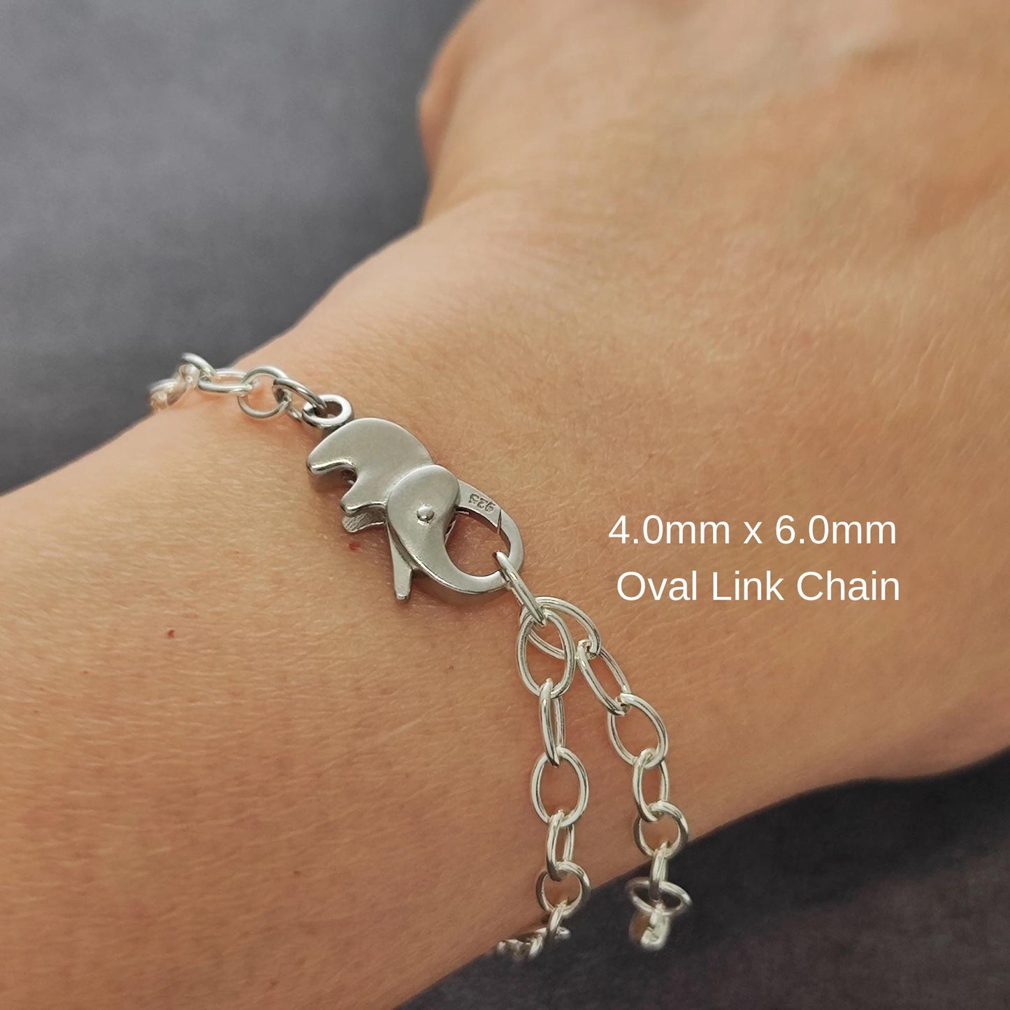 Sterling Silver Adorable Elephant Push in Spring Clasp Oval Chain Bracelet Lobster Clasp Bracelet Gift for Her 20 cm long