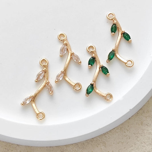 14K Gold Plated Brass Paved Cubic Zirconia Leave Branch Connector Charms for Earring Pendant Necklace Jewelry Findings Making