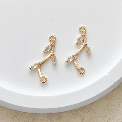 14K Gold Plated Brass Paved Cubic Zirconia Leave Branch Connector Charms for Earring Pendant Necklace Jewelry Findings Making