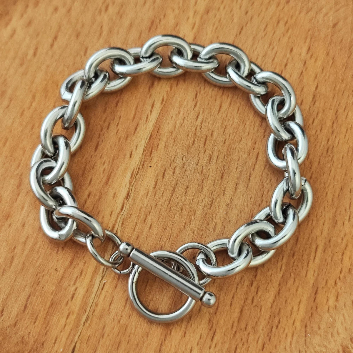 Unisex Stainless Steel Chunky Oval Link Chain Bracelet with Toggle Clasp, Waterproof Bold Rolo Cable Chain Wholesale Mens Jewelry Gift