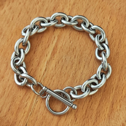 Unisex Stainless Steel Chunky Oval Link Chain Bracelet with Toggle Clasp, Waterproof Bold Rolo Cable Chain Wholesale Mens Jewelry Gift