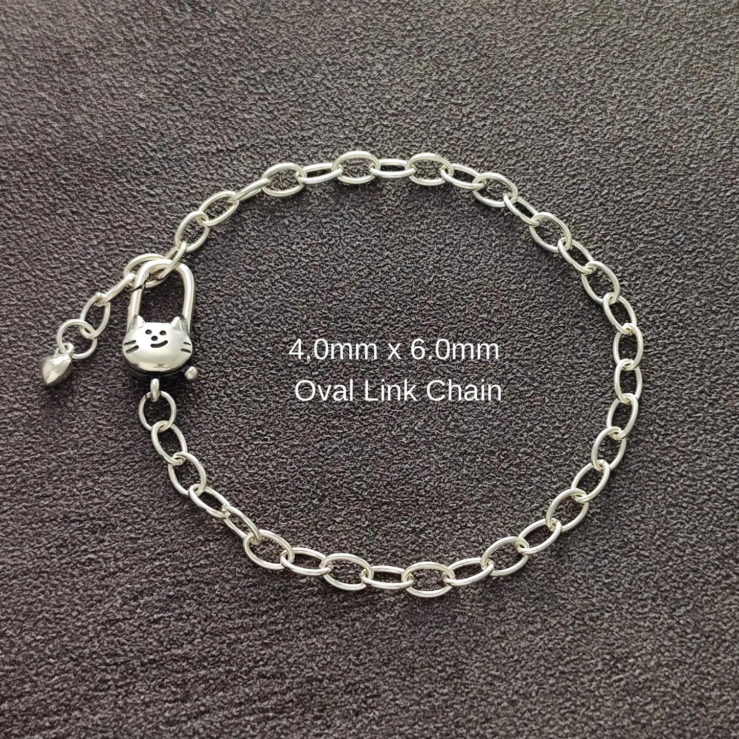 Sterling Silver Cute Cat Push in Spring Clasp Oval Chain Bracelet Lobster Lock Clasp Paperclip Clasp Bracelet Gift for Her 20 cm long