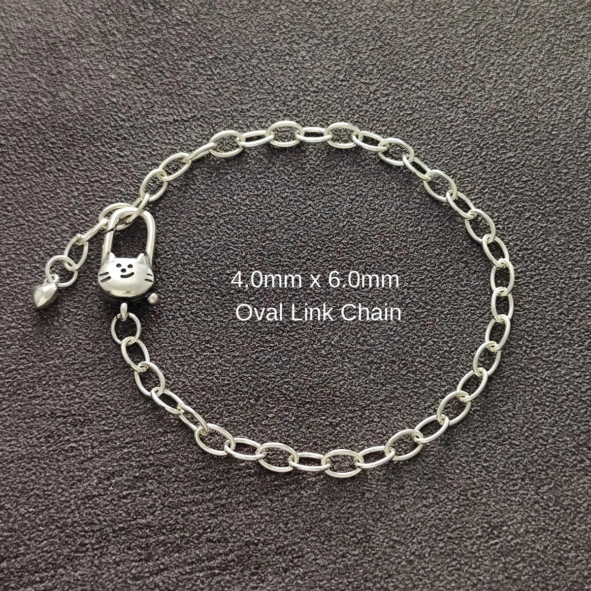 Sterling Silver Cute Cat Push in Spring Clasp Oval Chain Bracelet Lobster Lock Clasp Paperclip Clasp Bracelet Gift for Her 20 cm long