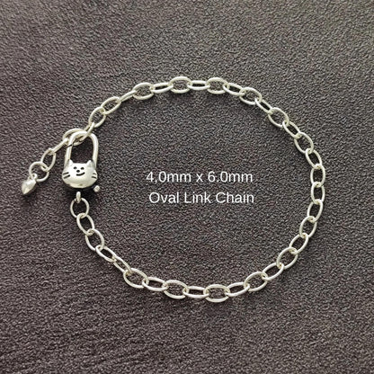 Sterling Silver Cute Cat Push in Spring Clasp Oval Chain Bracelet Lobster Lock Clasp Paperclip Clasp Bracelet Gift for Her 20 cm long