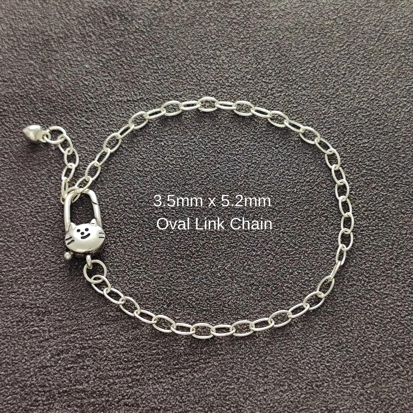 Sterling Silver Cute Cat Push in Spring Clasp Oval Chain Bracelet Lobster Lock Clasp Paperclip Clasp Bracelet Gift for Her 20 cm long