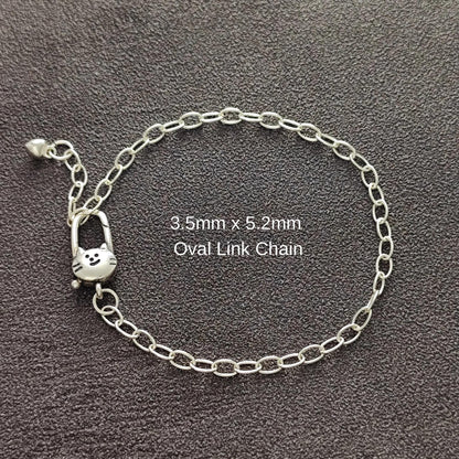 Sterling Silver Cute Cat Push in Spring Clasp Oval Chain Bracelet Lobster Lock Clasp Paperclip Clasp Bracelet Gift for Her 20 cm long